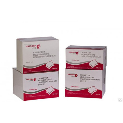 Салфетки медицинские проспиртованные Unicorn med №100, 30*65 мм, 100 шт. Фото товара Салфетки медицинские проспиртованные Unicorn med №100, 30*65 мм, 100 шт.