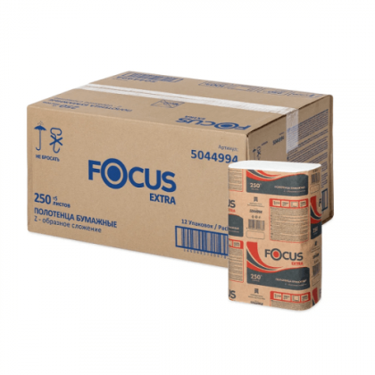 Полотенца бумажные Focus Extra 24*21,5, Z-слож.,1-сл., бел.,250л.,12шт. Фото товара Полотенца бумажные Focus Extra 24*21,5, Z-слож.,1-сл., бел.,250л.,12шт.