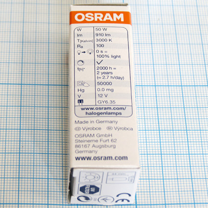 Лампа галогенная (галогеновая) Osram 64440S 12V 50W GY6,35 Фото товара Лампа галогенная (галогеновая) Osram 64440S 12V 50W GY6,35