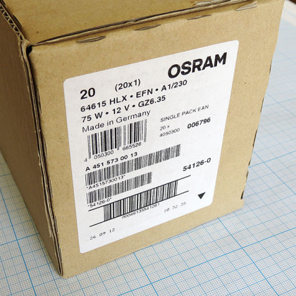 Лампа галогенная (галогеновая) Osram HLX 64615 12V 75W GZ6,35 Фото товара Лампа галогенная (галогеновая) Osram HLX 64615 12V 75W GZ6,35