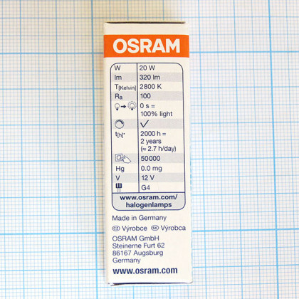 Лампа галогенная (галогеновая) Osram 64425 12V 20W G4 Фото товара Лампа галогенная (галогеновая) Osram 64425 12V 20W G4