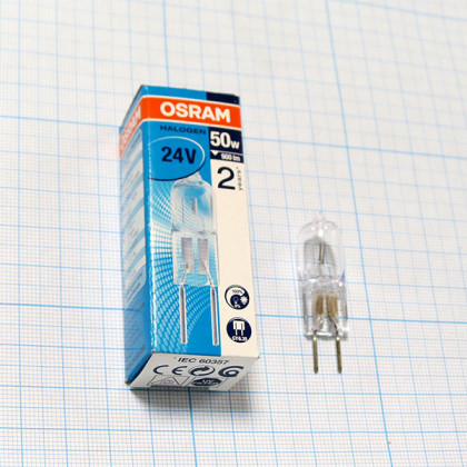 Лампа галогенная (галогеновая) Osram 64445U 24V 50W GY6,35 Фото товара Лампа галогенная (галогеновая) Osram 64445U 24V 50W GY6,35