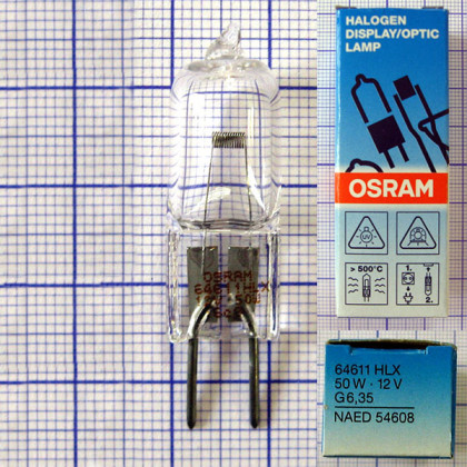 Лампа галогенная (галогеновая) Osram HLX 64611 12V 50W G6,35 Фото товара Лампа галогенная (галогеновая) Osram HLX 64611 12V 50W G6,35