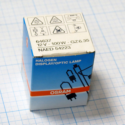 Лампа галогенная Osram 64637 12V 100W GZ6,35 Фото товара Лампа галогенная Osram 64637 12V 100W GZ6,35