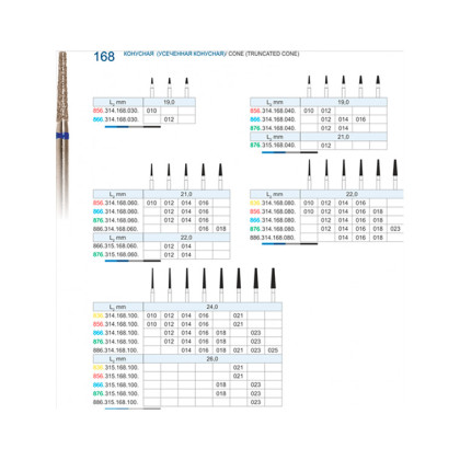 Фрезы алмазные "РосБел" Конус усеченный (168) для турбинного наконечника Фото товара Фрезы алмазные "РосБел" Конус усеченный (168) для турбинного наконечника