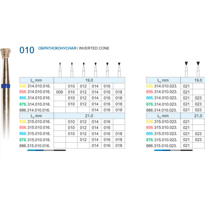 Фрезы алмазные "РосБел" Обратный конус (010) для турбинного наконечника Фото товара Фрезы алмазные "РосБел" Обратный конус (010) для турбинного наконечника