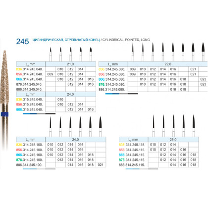 Фрезы алмазные "РосБел" Цилиндр, стрельчатый конец (245) для турбинного наконечника Фото товара Фрезы алмазные "РосБел" Цилиндр, стрельчатый конец (245) для турбинного наконечника