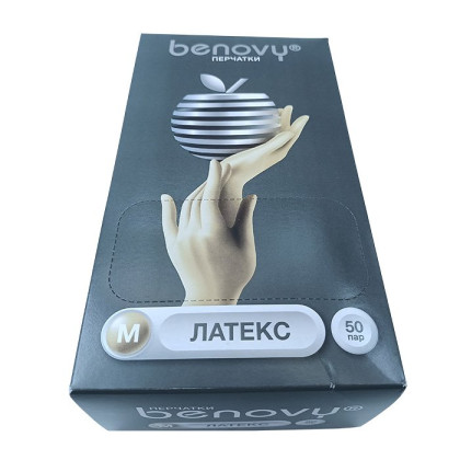! Перчатки латексные медицинские BENOVY Latex Chlorinated, р-м M, 50 пар в упаковке Фото товара ! Перчатки латексные медицинские BENOVY Latex Chlorinated, р-м M, 50 пар в упаковке