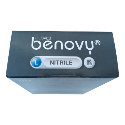 ! Перчатки нитриловые BENOVY Nitrile Chlorinated, голубые, размер L, текстурированные на пальцах, 50 пар в упаковке Фото товара ! Перчатки нитриловые BENOVY Nitrile Chlorinated, голубые, размер L, текстурированные на пальцах, 50 пар в упаковке