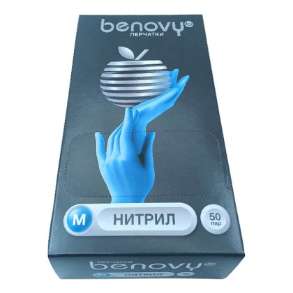 ! Перчатки нитриловые BENOVY Nitrile Chlorinated, голубые, размер M, текстурированные на пальцах, 50 пар в упаковке Фото товара ! Перчатки нитриловые BENOVY Nitrile Chlorinated, голубые, размер M, текстурированные на пальцах, 50 пар в упаковке