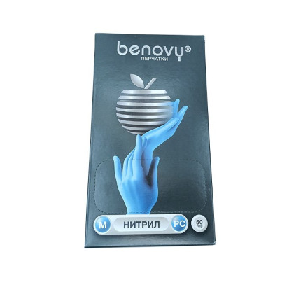 ! Перчатки нитриловые BENOVY Nitrile РС, голубые, размер M, текстурированные на пальцах, 50 пар в упаковке Фото товара ! Перчатки нитриловые BENOVY Nitrile РС, голубые, размер M, текстурированные на пальцах, 50 пар в упаковке