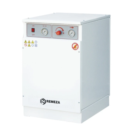 Фото товара Remeza КМ-16.GMS150К - безмасляный компрессор для одной стоматологической установки, без осушителя, с кожухом, с ресивером 16 л, 110 л/мин