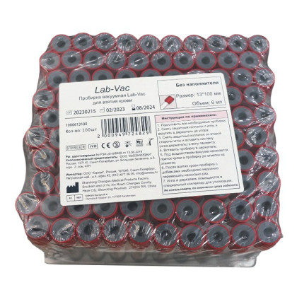 Фото товара Вакуумные пробирки без наполнителя, красные, 6 мл, размер: 13х100 мм (в упаковке 100шт) 1000613100