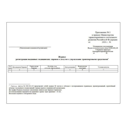 Журнал регистрации выданных медицинских справок о допуске к управлению транспортными средствами, форма №036-10/у-10 Фото товара Журнал регистрации выданных медицинских справок о допуске к управлению транспортными средствами, форма №036-10/у-10