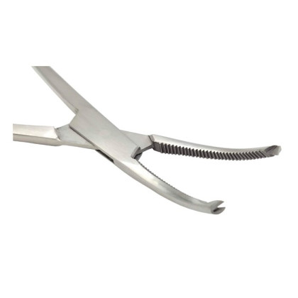 Зажим кровоостанавливающий 1х2 зубый зубчатый изогнутый по плоскости для новорожденных 125мм Фото товара Зажим кровоостанавливающий 1х2 зубый зубчатый изогнутый по плоскости для новорожденных 125мм