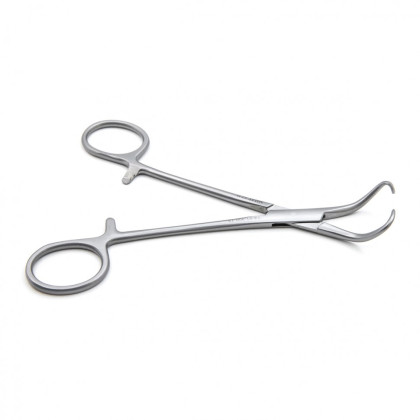 Фото товара Зажим медицинский BACKHAUS, с кремальерой для операционного белья, изогнутый, 150 мм (З-39р), МИЗТ