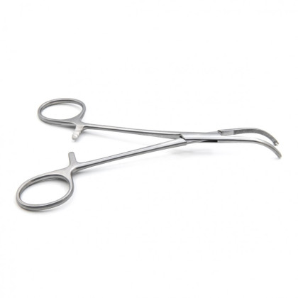 Фото товара Зажим медицинский MIKULICZ, с кремальерой для прикрепления белья к брюшине, детский, изогнутый, 160 мм (З-116р), МИЗТ