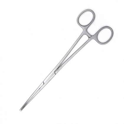 Фото товара Зажим медицинский MIKULICZ, с кремальерой для прикрепления операционного белья к брюшине, изогнутый, 195 мм (З-38р), МИЗТ