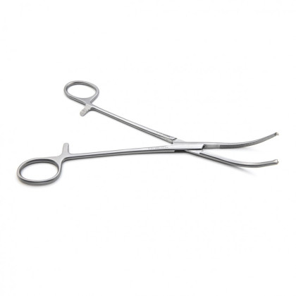 Фото товара Зажим медицинский MIKULICZ, с кремальерой для прикрепления операционного белья к брюшине, изогнутый, 195 мм (З-38р), МИЗТ