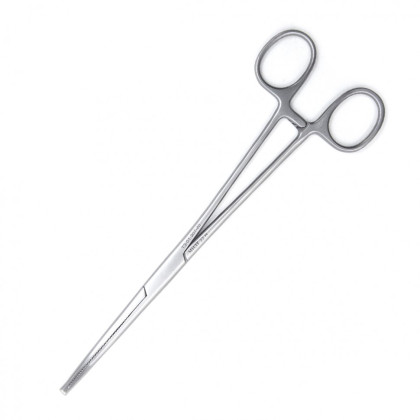 Фото товара Зажим медицинский MIKULICZ, с кремальерой для прикрепления операционного белья к брюшине, изогнутый, 200 мм (&З-38р) , МИЗТ