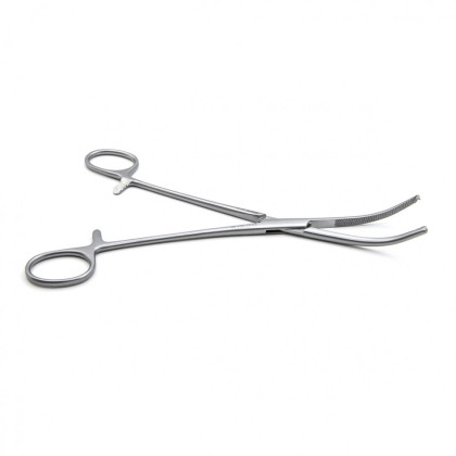 Фото товара Зажим медицинский MIKULICZ, с кремальерой для прикрепления операционного белья к брюшине, изогнутый, 200 мм (&З-38р) , МИЗТ