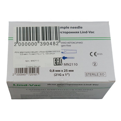 Фото товара Игла двусторонняя для забора крови Lind-Vac 0,8 мм х 25 мм (21G х1''), 100 шт/уп