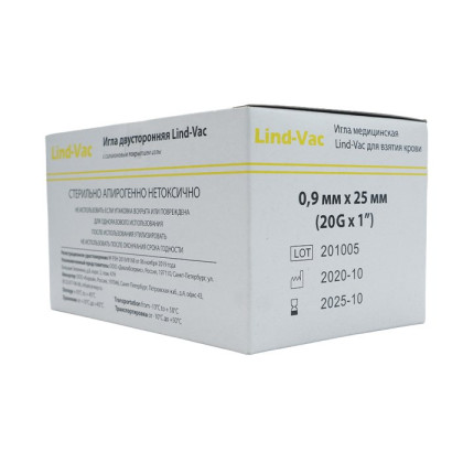 Фото товара Игла двусторонняя для забора крови Lind-Vac 0,9 мм х 25 мм (20G х1''), 100 шт/уп