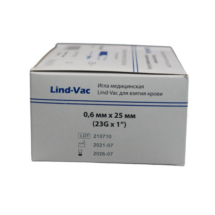 Фото товара Игла двусторонняя для забора крови с визуальной камерой Lind-Vac 0,6 мм х 25 мм (23G х1''), 50 шт/уп
