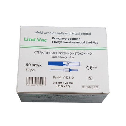 Фото товара Игла для взятия крови двусторонняя с визуальной камерой 0,8 мм х 25 мм (21 G х1''), 50 шт/уп