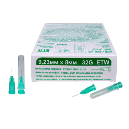 Игла медицинская стерильная 0,23х8 мм 32G SFM 50 шт/уп Фото товара Игла медицинская стерильная 0,23х8 мм 32G SFM 50 шт/уп