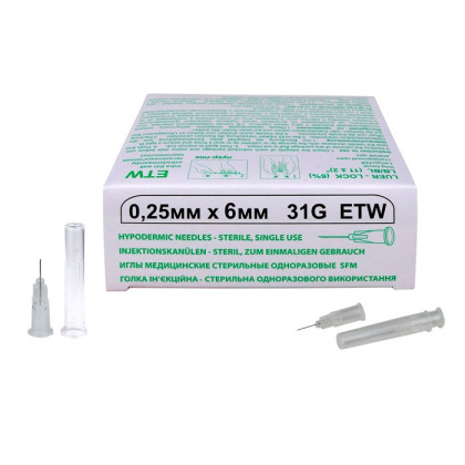 Игла медицинская стерильная 0,25х6 мм 31G SFM 50 шт/уп Фото товара Игла медицинская стерильная 0,25х6 мм 31G SFM 50 шт/уп