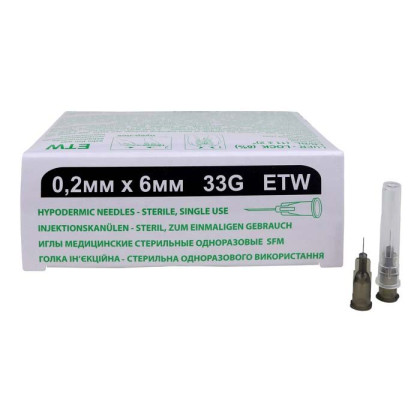 Игла медицинская стерильная 0,2х6 мм 33G SFM 50 шт/уп Фото товара Игла медицинская стерильная 0,2х6 мм 33G SFM 50 шт/уп
