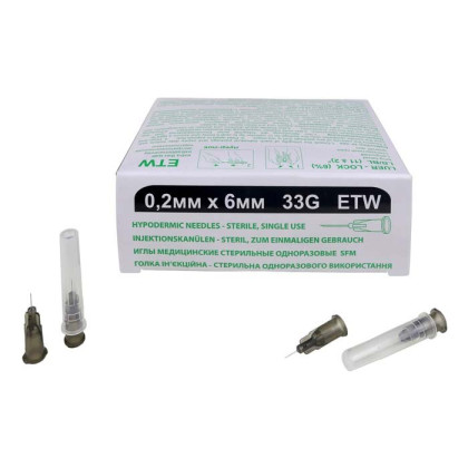 Игла медицинская стерильная 0,2х6 мм 33G SFM 50 шт/уп Фото товара Игла медицинская стерильная 0,2х6 мм 33G SFM 50 шт/уп