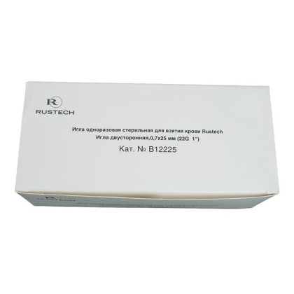 Фото товара Игла одноразовая двусторонняя стерильная для взятия крови 0,7х25мм (22G 1") Rustech, 100 шт/уп