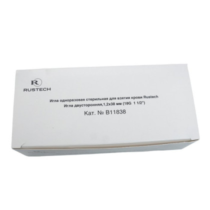 Фото товара Игла одноразовая стерильная двусторонняя для взятия крови 1,2х38мм (18G 1 1/2") Rustech, 100 шт/уп