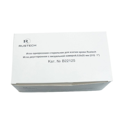 Фото товара Игла одноразовая стерильная двусторонняя с визуальной камерой для взятия крови 0,8х25мм (21Gх1") Rustech, 100 шт/уп