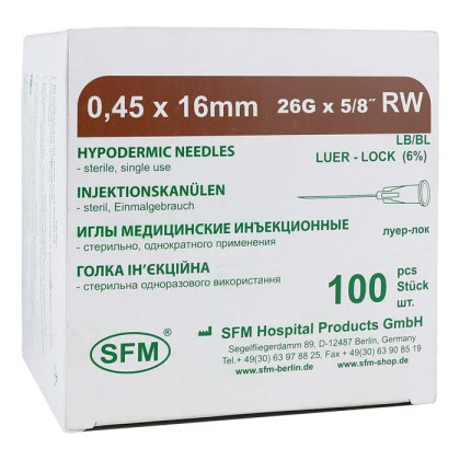 Фото товара Иглы медицинские инъекционные 0,45х16 мм (26G) SFM, 100 шт/уп