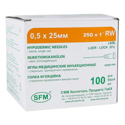 Иглы медицинские инъекционные 0,50x25 мм 25G RW, SFM, 100 шт Фото товара Иглы медицинские инъекционные 0,50x25 мм 25G RW, SFM, 100 шт