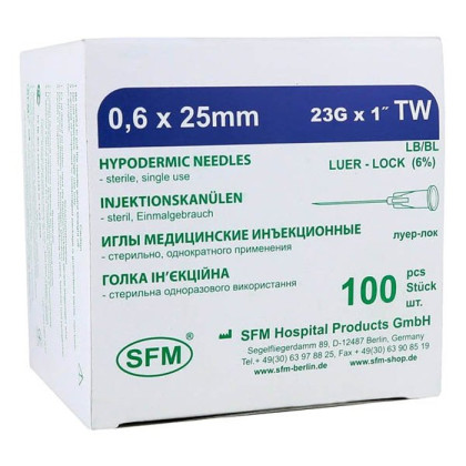 Фото товара Иглы медицинские инъекционные 0,60х25 мм (23G) SFM, 100 шт/уп