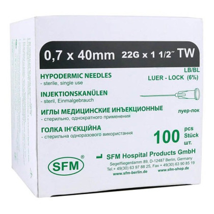 Фото товара Иглы медицинские инъекционные 0,70х40 мм (22G) SFM, 100 шт/уп