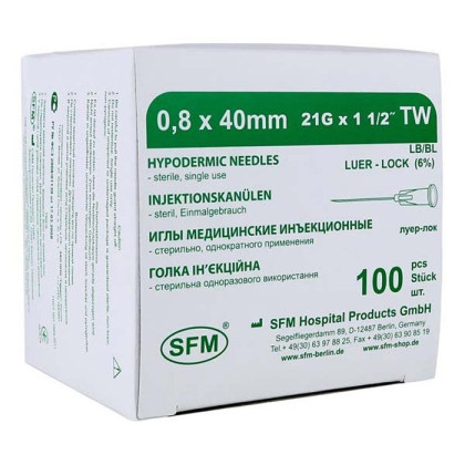 Фото товара Иглы медицинские инъекционные 0,80х40 мм (21G) SFM, 100 шт/уп
