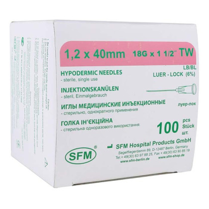 Иглы медицинские инъекционные 1,20x40 мм 18G TW, SFM 100 шт Фото товара Иглы медицинские инъекционные 1,20x40 мм 18G TW, SFM 100 шт