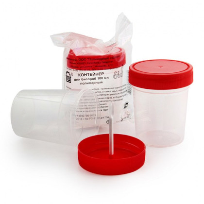 Контейнер для биопроб 100 мл. полимерный со шпателем стерильный Фото товара Контейнер для биопроб 100 мл. полимерный со шпателем стерильный