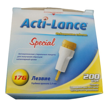 Ланцеты Acti-lance Special для капиллярного забора крови 200шт, глубина прокола 2,0 мм, желтые Фото товара Ланцеты Acti-lance Special для капиллярного забора крови 200шт, глубина прокола 2,0 мм, желтые