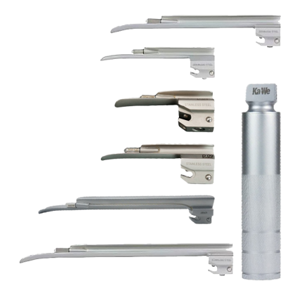 Фото товара Ларингоскоп с набором клинков Miller (№ 00, 0, 1, 2, 3, 4) на батарейках, лампочка вакумная, прямой клинок, без сумочки