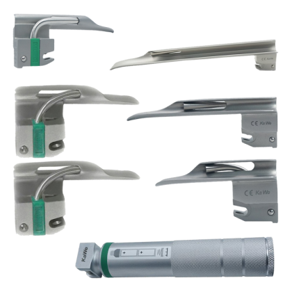 Фото товара Ларингоскоп с набором клинков Miller фиброоптический (№ 00, 0, 1, 2, 3, 4) на батарейках, лампочка ксенон, прямой клинок, без сумочки