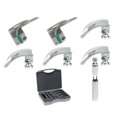 Фото товара Ларингоскоп с набором клинков, универсальный набор (неонатология, педиатрия, взрослые) (на аккумуляторах, лампочка ксенон)