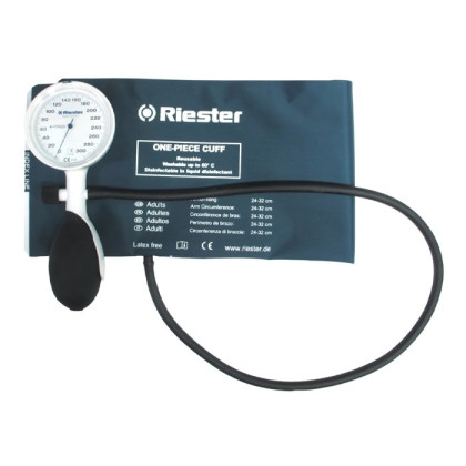 Фото товара Механический тонометр e-mega Riester в наборе (e-mega белая, 1 шланговая, 3 дезин манжеты без подставки)