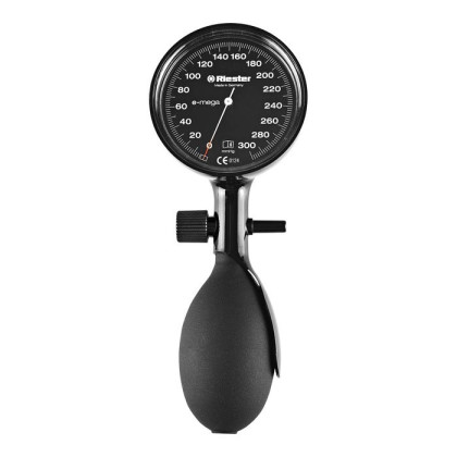 Фото товара Механический тонометр e-mega Riester в наборе (e-mega черный, 1 шланговая, 3 дезин манжеты без подставки)