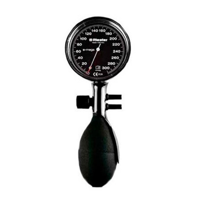 Фото товара Механический тонометр e-mega, черная, 2 шланговый дезинфицируемая однокомпонентная манжета стандартная (обхват 24-32 см.), Riester